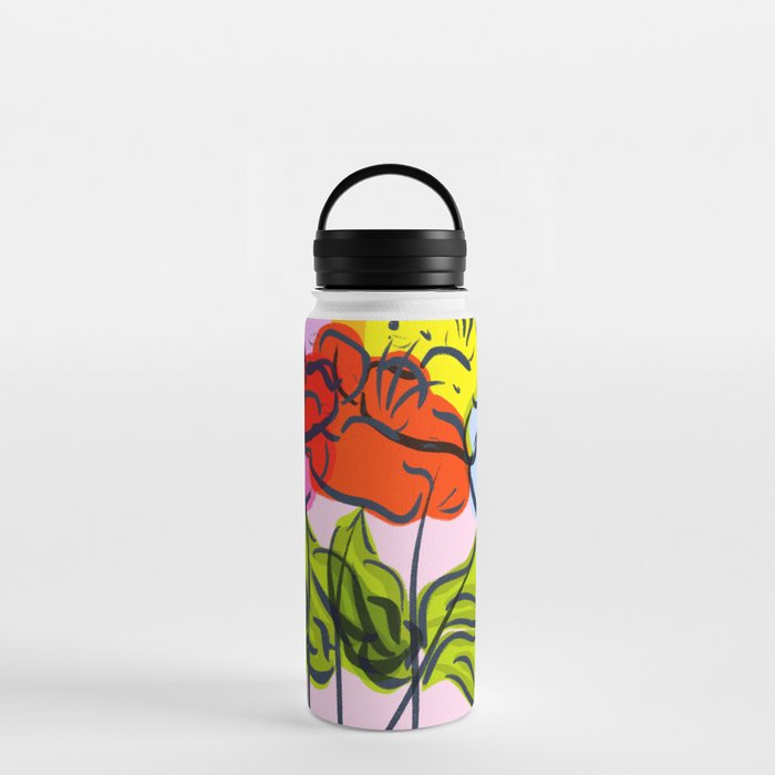 Big Colorful Summer Flowers On Pink Water Bottle