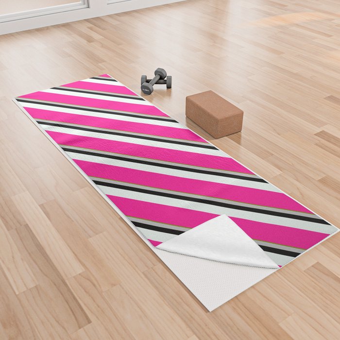 Vibrant Green, Grey, Black, Mint Cream, and Deep Pink Colored Stripes Pattern Yoga Towel