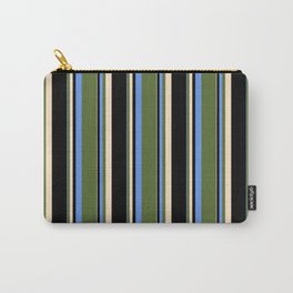 [ Thumbnail: Cornflower Blue, Dark Olive Green, Bisque, and Black Colored Striped Pattern Carry-All Pouch ]