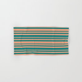 [ Thumbnail: Light Salmon & Teal Colored Stripes/Lines Pattern Hand & Bath Towel ]
