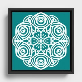 Teal and White Cat and Rose Mandala Framed Canvas