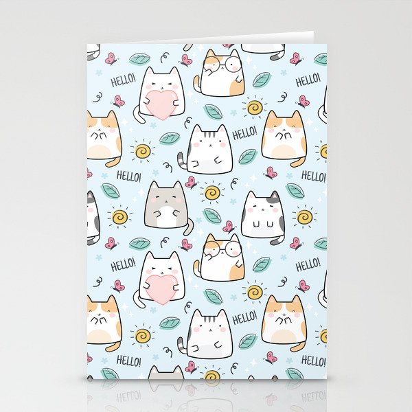 Blue Kawaii Cute Cats Hello Pattern Stationery Cards