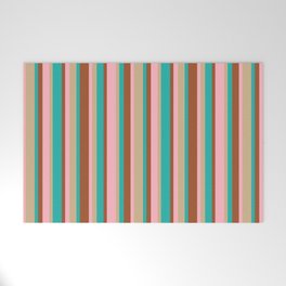 [ Thumbnail: Sienna, Light Sea Green, Tan & Light Pink Colored Stripes Pattern Welcome Mat ]