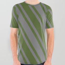 [ Thumbnail: Grey and Dark Olive Green Colored Pattern of Stripes All Over Graphic Tee ]