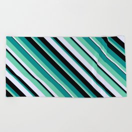 [ Thumbnail: Dark Cyan, Aquamarine, Lavender & Black Colored Pattern of Stripes Beach Towel ]