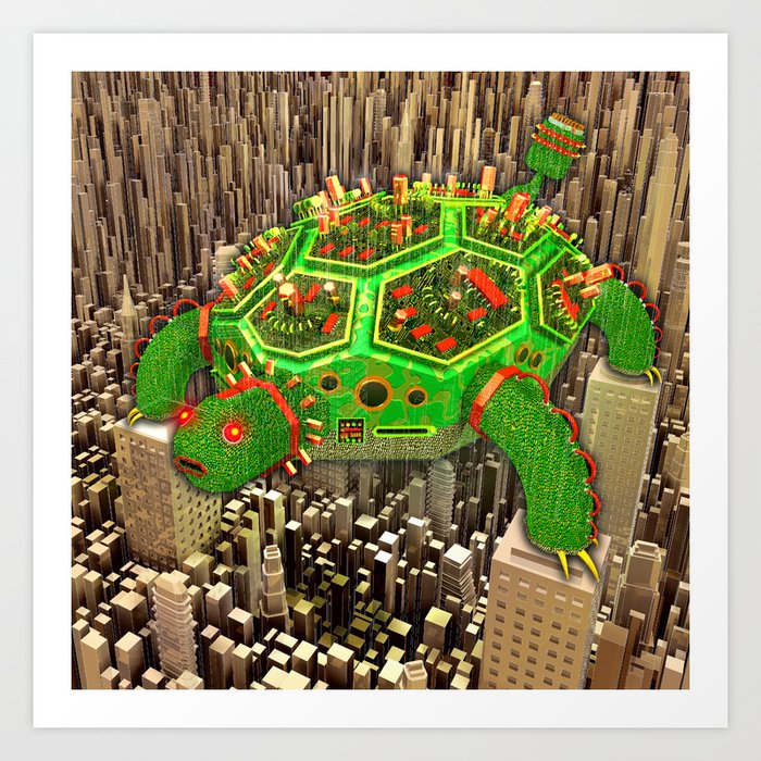 Giant green turtle electronically downloading platinum Art Print