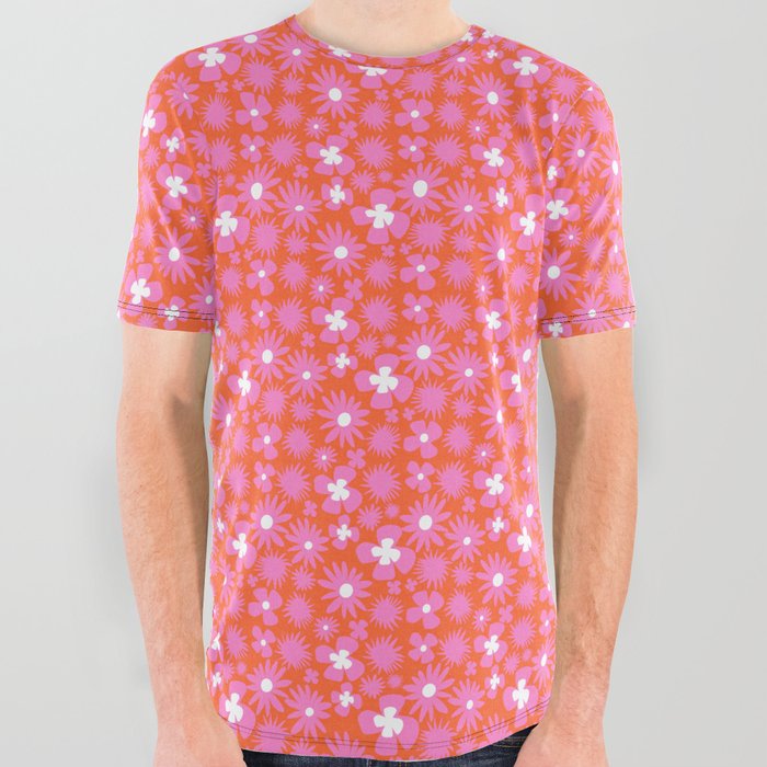 70’s Wildflowers Hot Pink On Red Pop Art All Over Graphic Tee