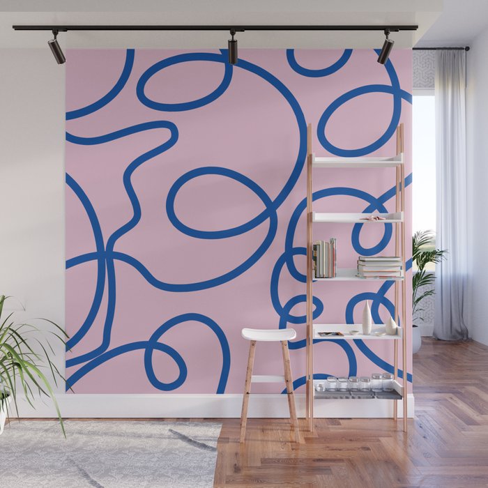 Abstract Line Art Retro Colorful Pink And Blue Wall Mural by Daily