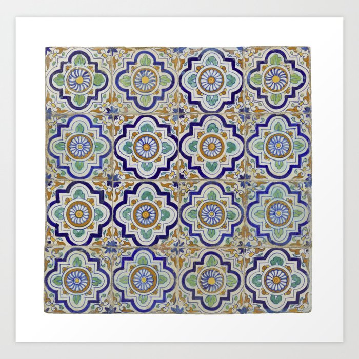 Vintage ceramic tiles with rosettes, Netherlands (blue, tan, green, white) 1600s Art Print