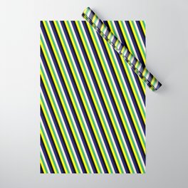 [ Thumbnail: Eye-catching Yellow, Black, Midnight Blue, Beige, and Sea Green Colored Stripes Pattern Wrapping Paper ]