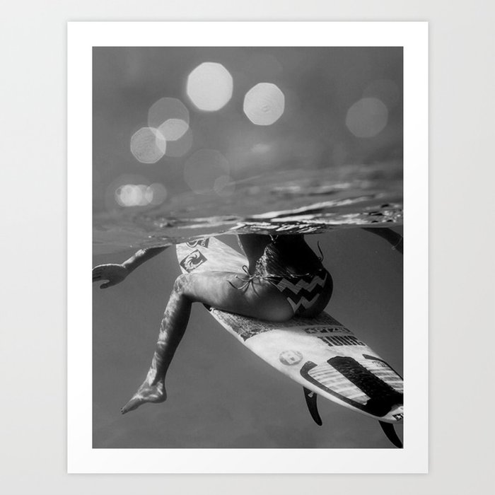 Surfer Girl waiting for an A-frame; Surfing Mavericks Beach, California black and white photography - photograph Art Print