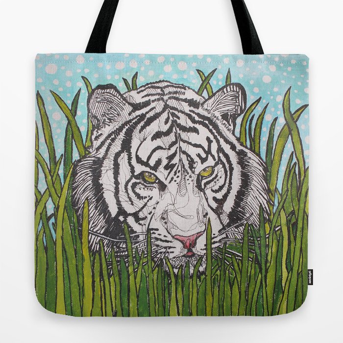 White tiger in wild grass Tote Bag