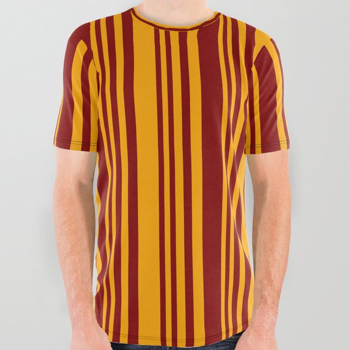 Maroon and Orange Colored Stripes Pattern All Over Graphic Tee