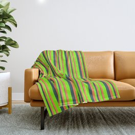 [ Thumbnail: Chartreuse, Coral, and Dark Slate Gray Colored Lines/Stripes Pattern Throw Blanket ]