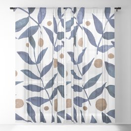 Watercolor berries and branches - indigo and beige Sheer Curtain