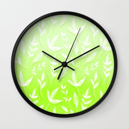 White Leaves on a Green Background Pattern Wall Clock