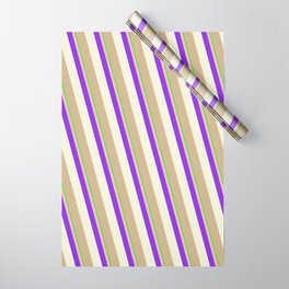 [ Thumbnail: Eye-catching Lime, Light Pink, Purple, Beige & Tan Colored Stripes Pattern Wrapping Paper ]