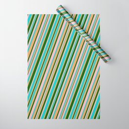 [ Thumbnail: Light Pink, Dark Turquoise, Brown & Dark Green Colored Lines Pattern Wrapping Paper ]