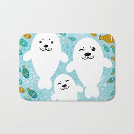 happy family of white seals and fish on a blue background. Bath Mat | Happy, Pups, Sea, Seals, Ocean, Marine, Arctic, Fish, Blue, Digital 