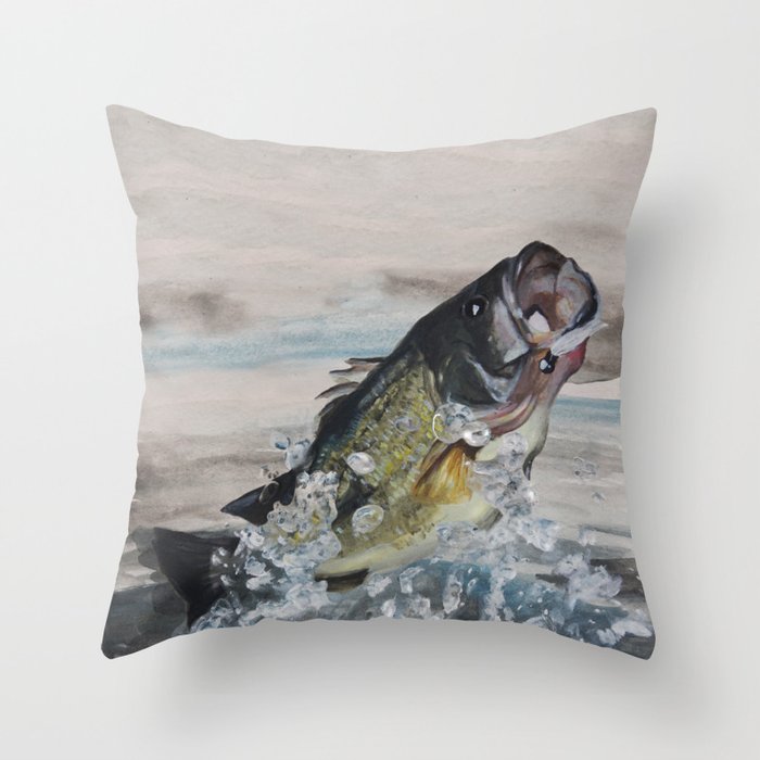 Bass Jumping Out Of Water Throw Pillow