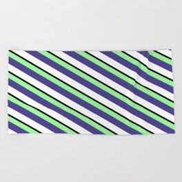 [ Thumbnail: Green, Dark Slate Blue, White & Black Colored Striped Pattern Beach Towel ]