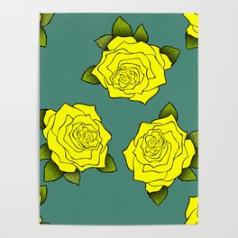 Yellow Roses Pattern in Alexandrite Color Background Poster