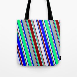 [ Thumbnail: Green, Blue, Lavender, Dark Red, and Dark Gray Colored Stripes Pattern Tote Bag ]