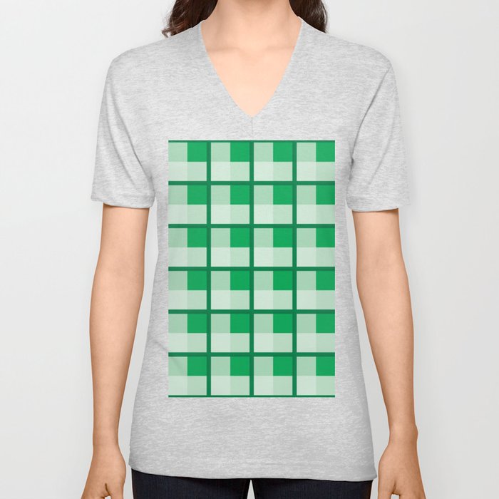 Checkered Pattern in Different Shades of Green V Neck T Shirt