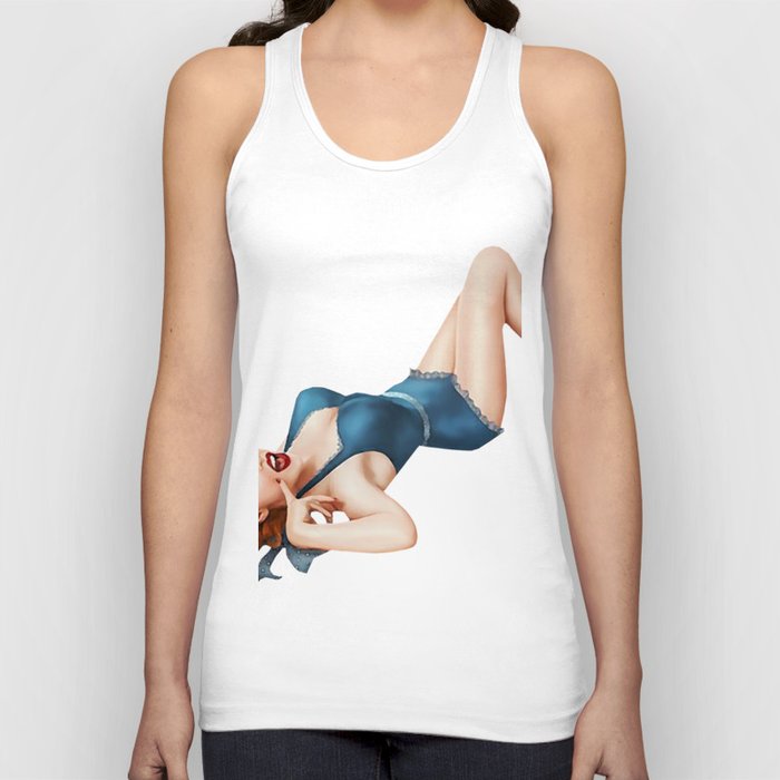 Sexy Pinup Girl Red Hair Blue Dress  Tank Top