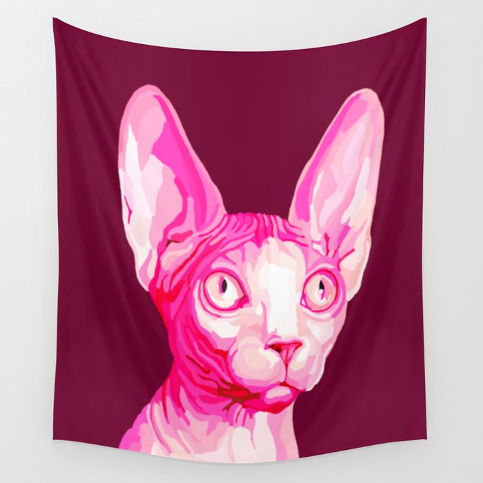 Pink Hairless Sphynx Cat Portrait Wall Tapestry