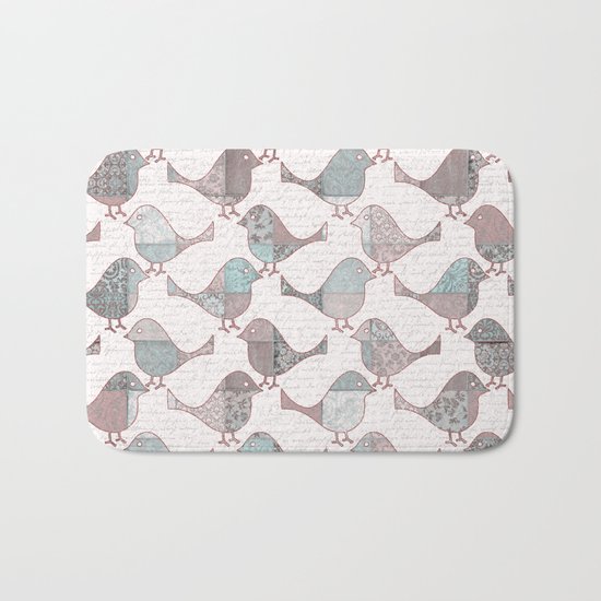 Vintage Patchwork Birds handwriting pastel pattern Bath Mat