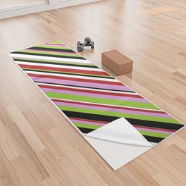 [ Thumbnail: Red, Plum, Green, Black & White Colored Lines Pattern Yoga Towel ]
