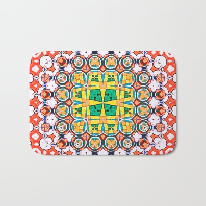 Joyful abstract green and yellow with orange and purple dots Bath Mat