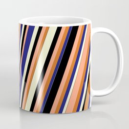 [ Thumbnail: Vibrant Light Salmon, Chocolate, Midnight Blue, Light Yellow, and Black Colored Stripes Pattern Coffee Mug ]