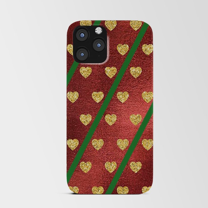 Gold Hearts on a Red Shiny Background with Green Diagonal Lines  iPhone Card Case