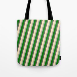 [ Thumbnail: Dim Grey, Beige, Dark Gray, and Green Colored Lines/Stripes Pattern Tote Bag ]