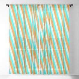 [ Thumbnail: Dark Orange, Beige & Cyan Colored Lined Pattern Sheer Curtain ]