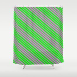 [ Thumbnail: Orchid and Lime Colored Lined/Striped Pattern Shower Curtain ]