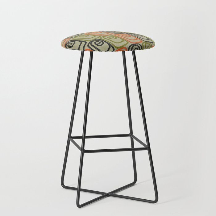 Midcentury Twist Abstract Pattern Olive Green Orange Charcoal  Bar Stool