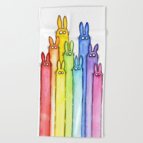 Bunny Rainbow Bunnies Rabbit Watercolor Pattern Whimsical Colorful Animals Beach Towel