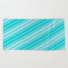 [ Thumbnail: Dark Turquoise & Powder Blue Colored Lined Pattern Beach Towel ]