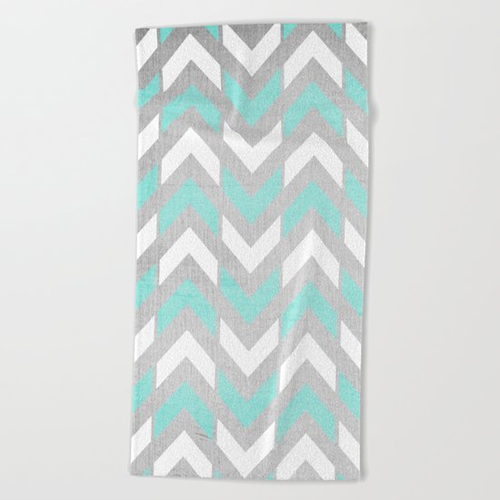 Teal & White Herringbone Chevron on Silver Wood Beach Towel
