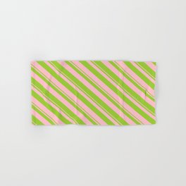 [ Thumbnail: Green & Pink Colored Stripes Pattern Hand & Bath Towel ]
