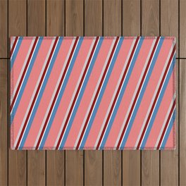 [ Thumbnail: Eyecatching Blue, Light Coral, Light Grey, Dark Red, and White Colored Stripes Pattern Outdoor Rug ]