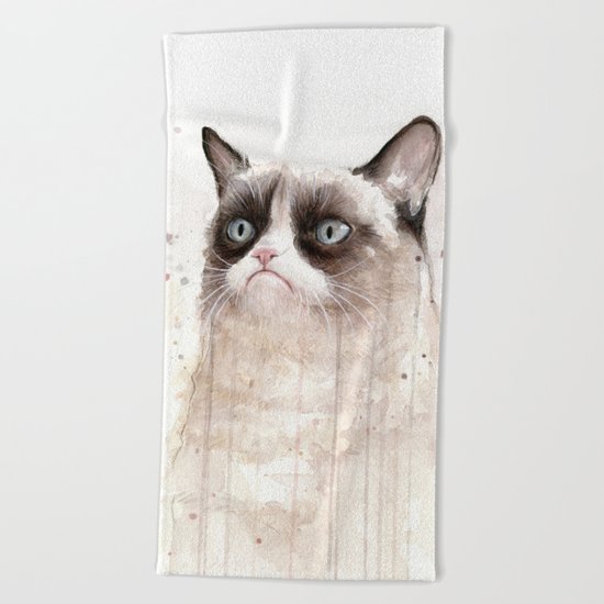 Grumpy Watercolor Cat Geek Meme Whimsical Animals Beach Towel