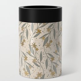 Yellow flower swirls on tan background Can Cooler
