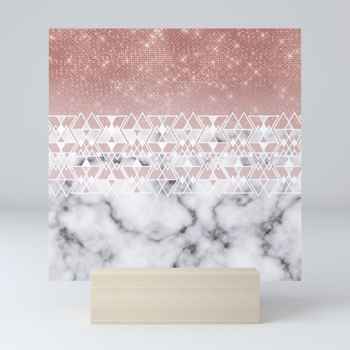 Modern Rose Gold White Marble Geometric Ombre Mini Art Print