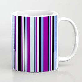 [ Thumbnail: Cornflower Blue, Purple, Light Cyan, and Black Colored Stripes Pattern Coffee Mug ]