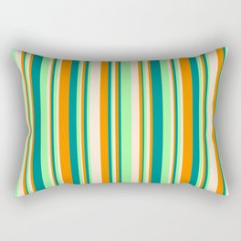[ Thumbnail: Green, Dark Cyan, Dark Orange, and Beige Colored Stripes Pattern Rectangular Pillow ]