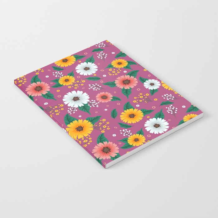 Colorful Spring Flowers Pattern in Magenta Background Notebook